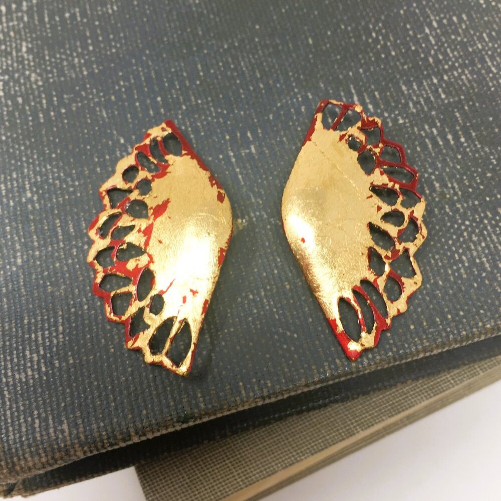 Vintage Gold Leaf and Red Enamel Fan Shape Filigree Metal Clip On Earrings